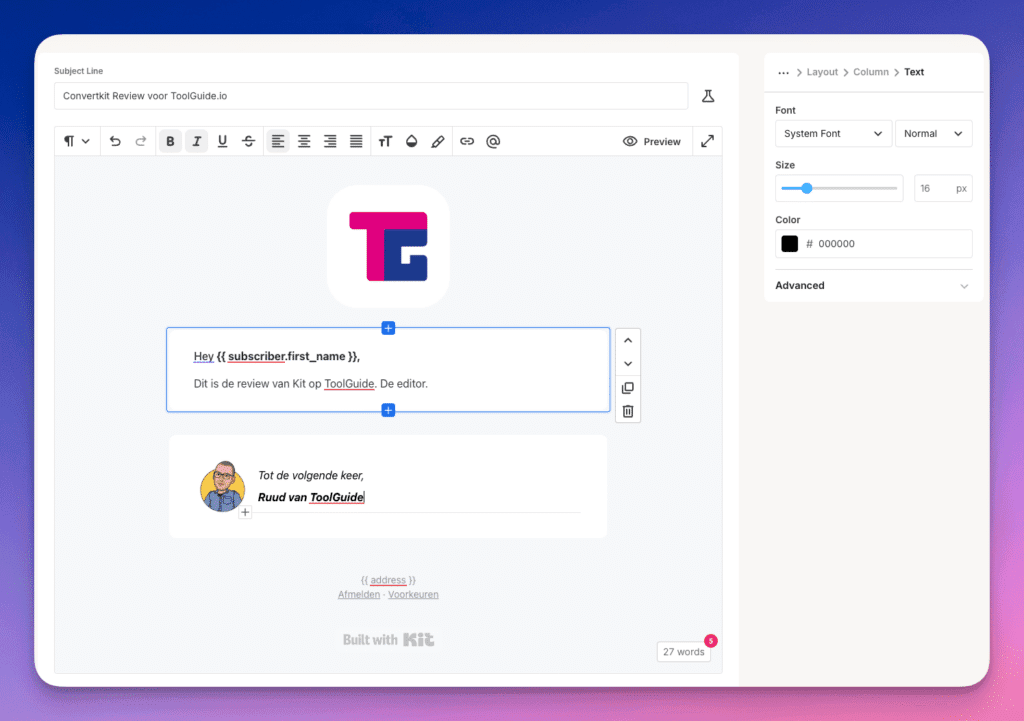 The Kit editor - this is where you create your newsletters